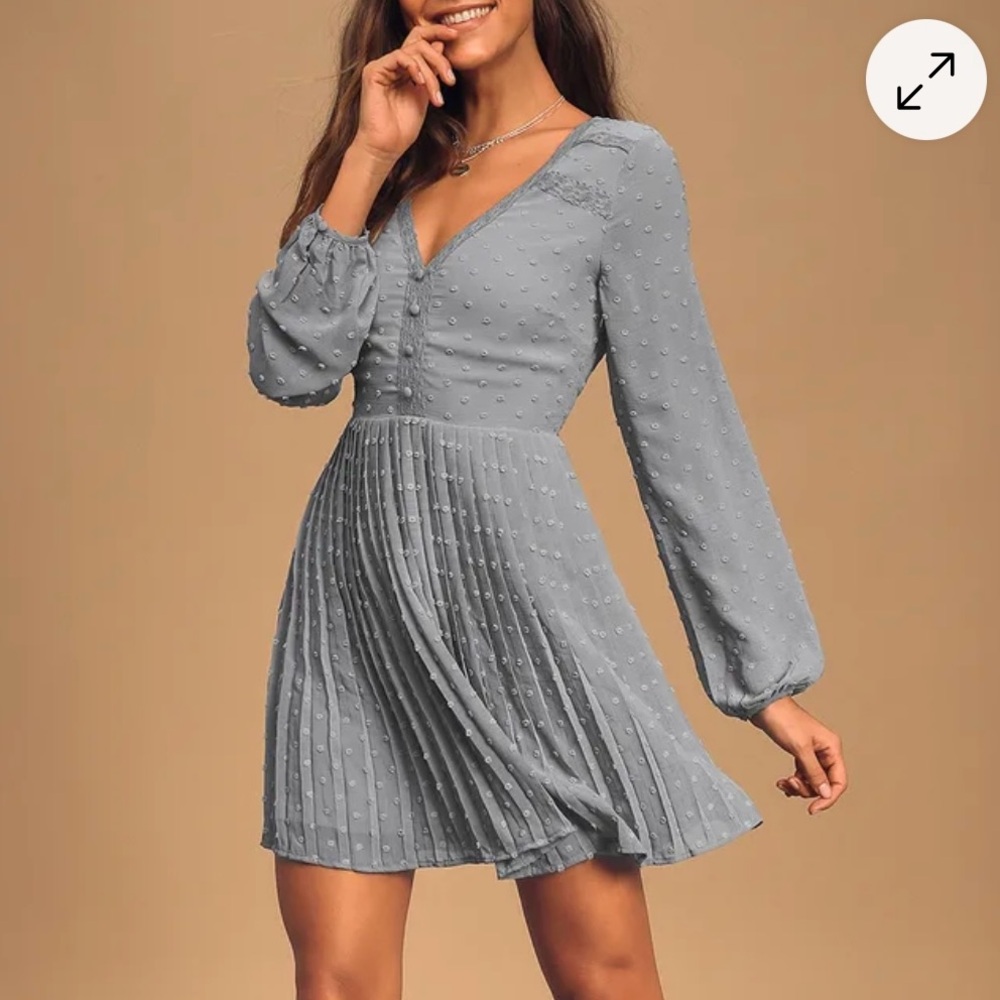 NWT Lulus Dusty Blue Swiss Dot Sheer Long Sleeve Pleated Mini Dress, Sz M